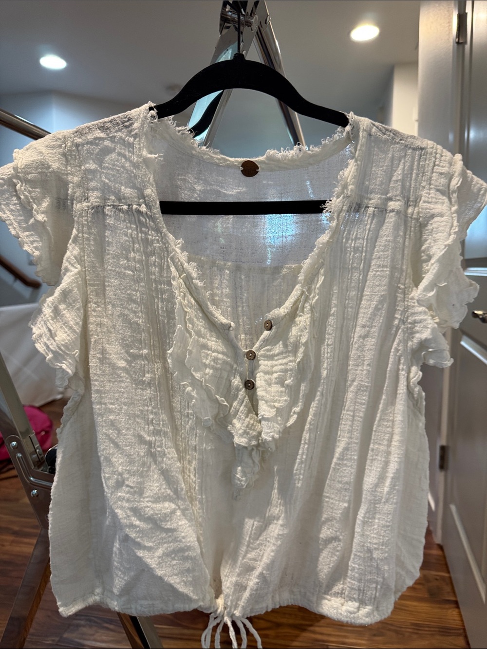Boho Ruffle Button-Front White Women's Blouse